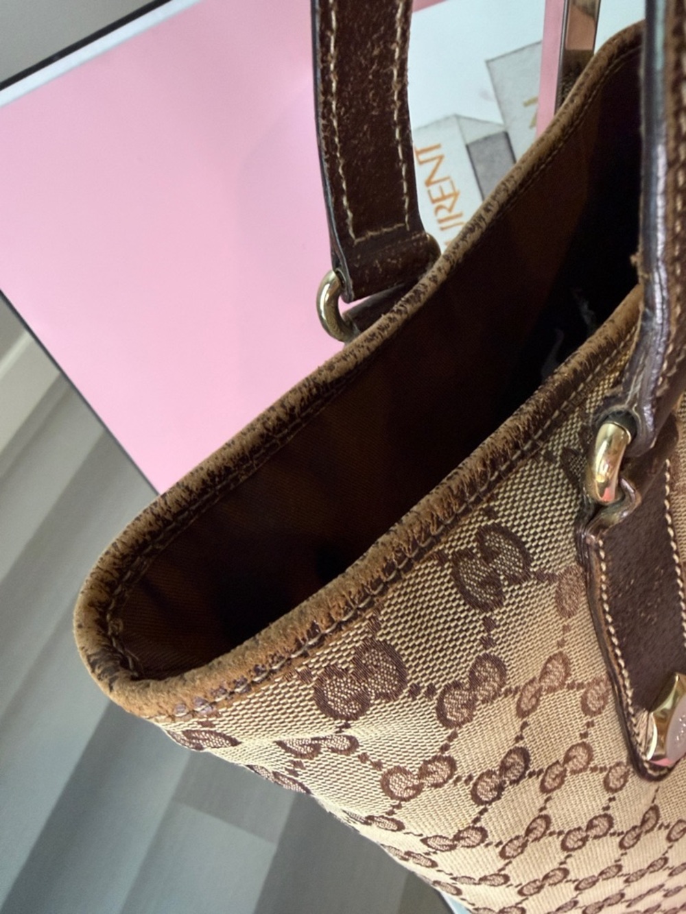 👜 Gucci GG Monogram Charmy Tote Bag Canvas & Leather Trim in Brown & Tan ✨ - Picture 13 of 16